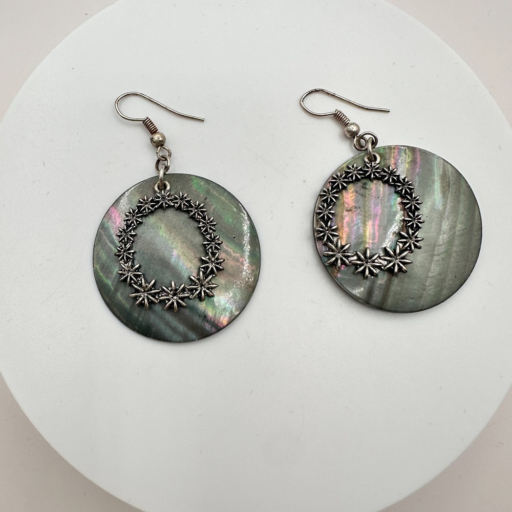 90s Vintage Silver Tone Iridescent Floral Dangle Earrings Women's Jewelry